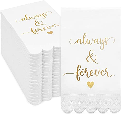 100 Pack White Napkins for Wedding Reception with Gold Foil Scalloped Edges, Always and Forever (3-Ply, 4 x 8 in)