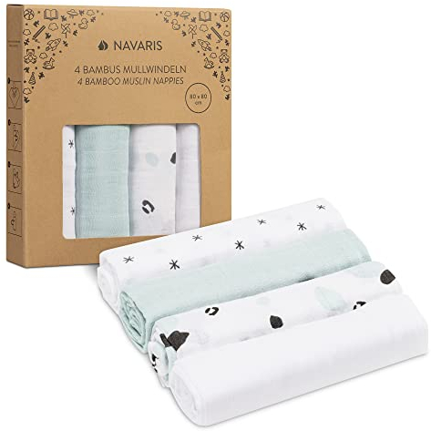 Navaris Baby Mullwindel Set - 4x Mulltuch zum Stillen Pucken Wickeln - 80x80cm Pucktuch Spucktuch - Stilltuch aus Viskose und Baumwolle - Sterne