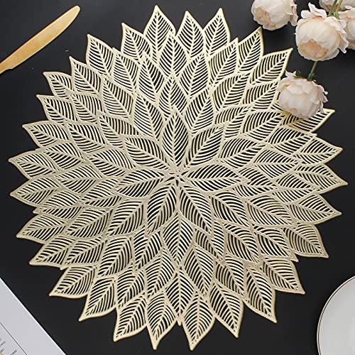 Mabbcoo - Set di 6 tovagliette rotonde con foglie e fiori intagliati, in vinile pressato, decorazione per tavolo da pranzo, feste, matrimoni, cene, centrotavola (oro)