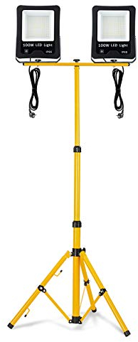 Froadp 2x100W Lampada da Lavoro con Treppiede Faretto da Cantiere con Alloggiamento in Alluminio Cavo di Alimentazione da 3m e Spina Europea Proiettore Impermeabile IP66 Contro i Fulmini(Bianco Caldo)