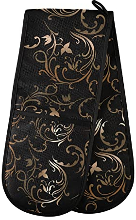 Moyyo Oven Glove Gold on Black Pattern Double Oven Glove Heat Resistant Kitchen Oven Mitt with Soft Quilted Cotton Lining Filling Pot Holders for Basking Cooking Pizza Microwave