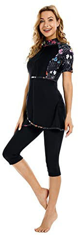 TianMaiGeLun Modest Badeanzug Damen Rash Guard Kurzarm Bademode Modesty Badeanzug Surfanzug Burkini (M, T2)
