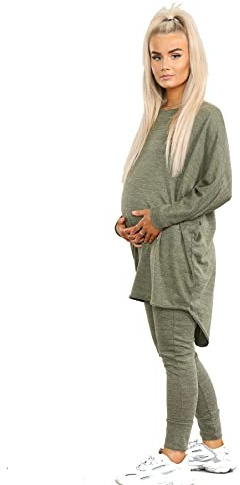 Elite Pleasure Womens 2 Piece Pregnancy Tracksuit Set High Low Top & Bottoms Maternity Casual Loungewear Sweatshirt Ladies Drawstring Pajama Set Nightwear Khaki M-L