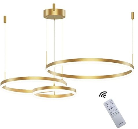 Wandun Moderne LED Pendelleuchte, 3-Ringe Kollektion, Gold Farbe, Verstellbarer HäNgeleuchter, Moderne Deckenleuchte, mit Fernbedienung Dimmbar, 3000k - 6000k, mit Speicherfunktion, 68w