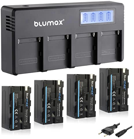 Blumax 4X Akku NP-F750 / NP-F550-4000mAh + LCD 4-Kanal Schnell-Ladegerät | kompatibel mit Sony NP-F570 NP-F960 für Blitzgeräte Videoleuchten Fieldmonitore