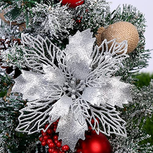 12x 16cm Glitzer Weihnachten Baumschmuck Weihnachtsanhänger Weihnachtsbaum Deko,Künstliche Weihnachtsstern Blumen Deko,Weihnachtsbaumschmuck Ornament,Christbaumschmuck,Weihnachtsdeko Anhänger,Silber