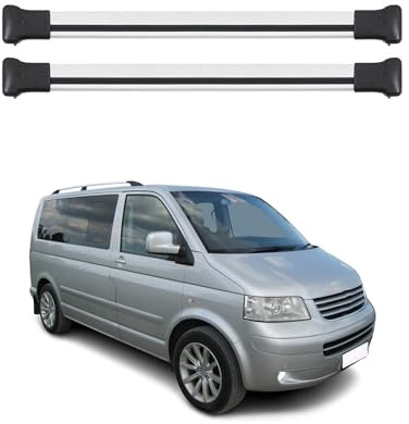 OMAC Dachträger Grundtäger kompatibel mit VW T5 Multivan Caravelle 2003-2015 Aluminium 75kg Silber 2tlg Offene Reling für Fahrradträger, Dachboxen, Skiträger Abschließbar