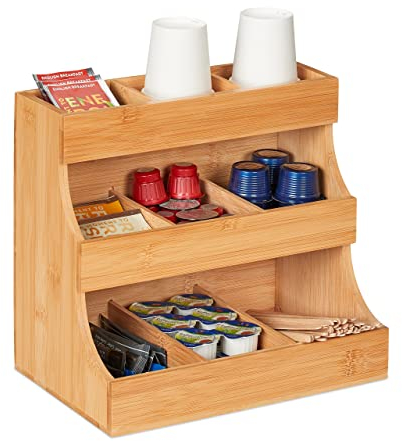 Relaxdays Kaffee Organizer, 9 Fächer, Bambus, HBT: 24 x 26,5 x 17,5 cm, Kaffeestation & Teebeutel Aufbewahrung, Natur