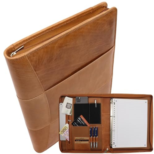 Safekeepers Ledermappe a4, Konferenzmappe A4 Leder,Schreibmappe a4 Reißverschluss - Dokumentenmappe a4 - DIN A4 - Echtleder Mappe - Handgefertigte Ledermappe - Laptopfach