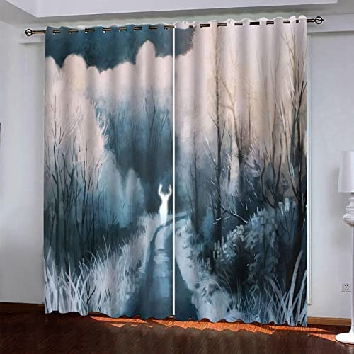 Vorhang Blickdicht Ösen Thermo Verdunkelungs Polyester Gardinen 2 Stück 3D Bemalter Waldelch Für Schlafzimmer Wohnzimmer Kinder Oder Babyzimmer 182(B) X214(H) cm - Bedruckte Verdunkelungsvorhänge
