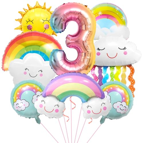 Regenbogen Geburtstagsdeko 3, Folienballon Wolken, Zahl 3 Ballon, Luftballons Wolken Quasten, Helium Ballon Sonne, für Jungen Mädchen Geburtstag Party Dekoration