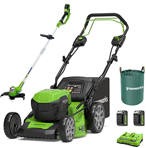 Greenworks GD24X2LM46SPK4X Selbstfahrender Akku Rasenmäher für große Flächen bis zu 480m², Rasentrimmer G24LT30M 30cm Schnittbreite, 120l Gartenabfallsack,Plus Zwei 4Ah-Akkus und Doppelladegerät
