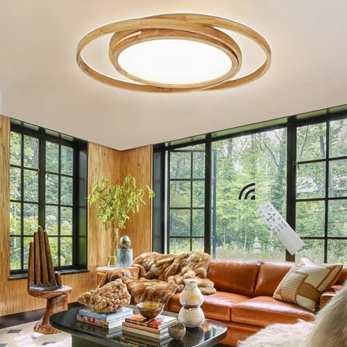 GHiycotdl Led Deckenleuchte Holz,52cm 2 Runde Ringe Deckenlampe,Modern Dimmbar Mit Fernbedienung Lampe FüR Schlafzimmer, Wohnzimmer, KüChe, Esszimmer, Korridor, Zuhause, BüRo, Kinder