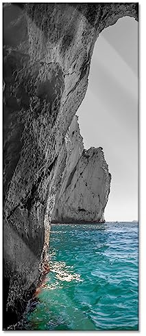 Pixxprint Glasbild Panorama, Wandbild aus Echtglas, Felsenbucht im Meer schwarz/weiß, 120x50 cm, inkl. Aufhängung und Abstandshalter