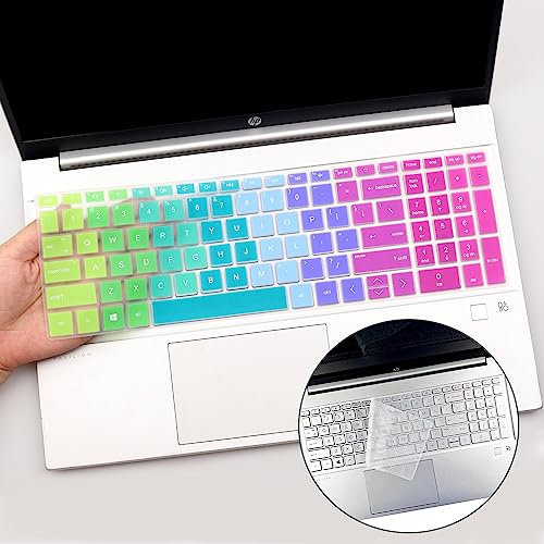 2PCS Keyboard Cover for 15.6 HP Pavilion 15t-er 15-eg 15t-eg 15-eh Series, HP 17.3 Laptop 17-cn 17-cp Series, HP 15t-eg200 15-eg2153cl 15-eg2373cl 15-er1047nr 15-eh2085wm 17-cn2063dx-Rainbow+Clear