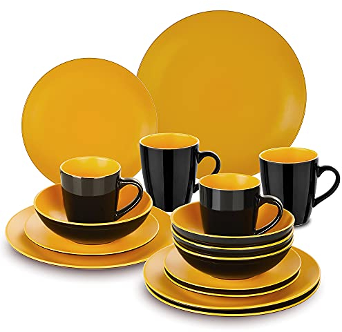 MyncbD Ceramic tableware 16/32/48 Piece Matte Black Red Crockery Dinnerware Set with Dinner Dessert Plate Bowl Mug Tablewar (Color : 16-Piece Yellow)