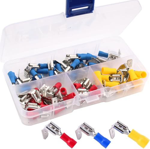 VISSQH 50PCS Kabelschuhe,Halbisoliert Huckepack Splice Spade Elektrische Draht Crimpverbinder Steckverbinder,Flachsteckhülsen Abzweigverbinder Flachstecker Verteiler (Rot/Gelb/Blau)
