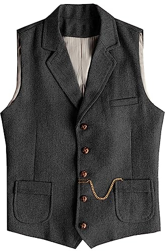 Tuikayoo, gilet da uomo western, in tweed a spina di pesce, in lana, vestibilità slim, Nero , 3XL