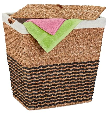 Relaxdays Wäschekorb mit Deckel, aus Seegras, natur/beige | Baumwoll-Wäschesack 87L, HxBxT: 50x50x40 cm, Wäschebehälter