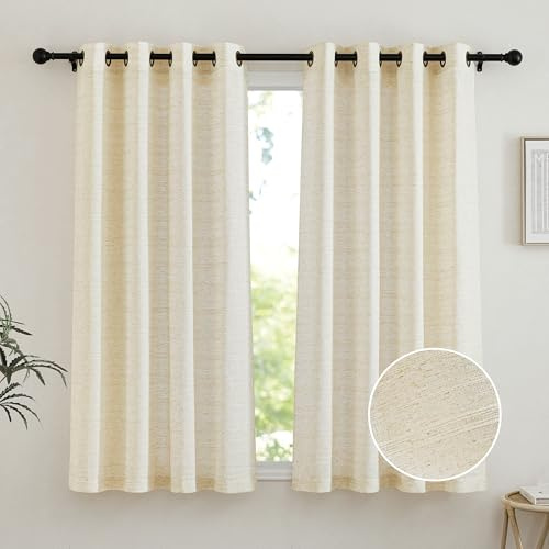 PONY DANCE Kurze Gardinen Halbtransparent Vorhang Leinen Ösenschal 2er Set | Natur,H145 x B140 cm,Boho Gardinen Leinenoptik mit Linien,Leinenvorhang Landhaus,Linen Curtains,Ösenvorhang Schlafzimmer