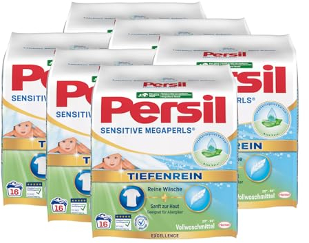 Persil Sensitive Megaperls Tiefenrein 96 Waschladungen (6x 16WL), Waschmittel für Allergiker mit beruhigender Aloe vera für sensible Haut, effektiv von 20 °C bis 95 °C, ECARF-zertifiziert