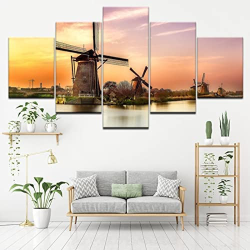 Windmühle Sonnenuntergang Landschaft 200 X 100 Cm / 78,74 X 39,37 Zollleinwand Bild Wandbilder Wohnzimmer Modern Deko Kunstdrucke Wanddekoration Leinwandbild 5 Teilig Bild Auf Leinwand -2F2Z+Y6Q2-6N4N