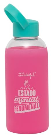 Mr. Wonderful - Botella - Estado mental: fenomenal - Botella de Cristal libre de BPA con Faja de Silicona - Capacidad 470 ml