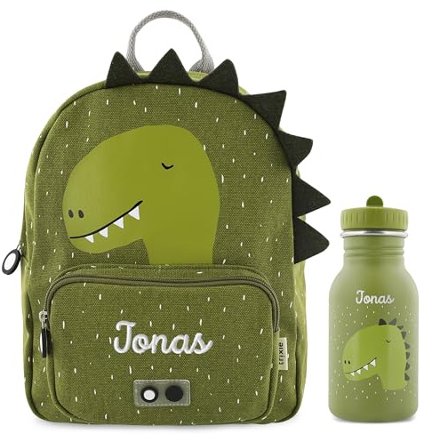 Trixie Rucksack und Trinkflasche Kinderrucksack Kindergartenrucksack Kitarucksack und Trinkflasche Kinder personalisiert mit Namen einzeln oder als Set (Dino, Set: Rucksack BIG + Flasche 350ml)