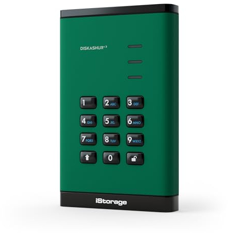 iStorage diskAshur3 HDD 1TB Green - Secure portable hard drive - Password protected - Dust & water resistant - Hardware Encryption