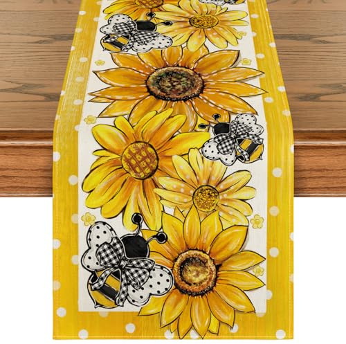 Artoid Mode Gelb Sonnenblumen Bienen Frühling Tischläufer, Saisonnal Sommer Küche Tisch Dekoration Drinnen Urlaub Party Dekor 40x140 cm
