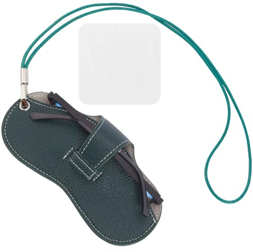 CREATCABIN Estuche de Cuero para Gafas de Sol, Portátil, Delgado, Ligero, Suave, para Viajes, con Correa para el Cuello, Paño de Limpieza para Mujer, Vacaciones, Color Verde, 6.89 x 3.3 Pulgada