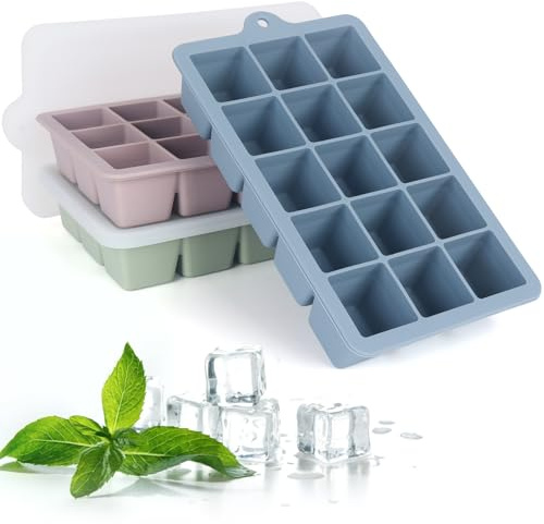 Ice Cube Tray with Lid, 3 Packs 45 Cubes, Silicone Ice Cube Trays Large Reusable and BPA Free for Whiskey, Cocktail, Drinks&Baby Food, Freezer, Souper(Green
