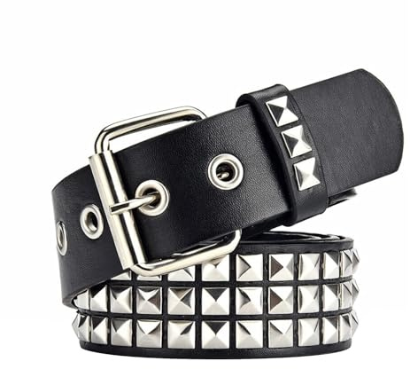 Snceaw, Nietengürtel, Metall-Punk-Rock-Gürtel mit glänzenden Pyramidennieten für Damen und Herren, Schwarz, 35-40W
