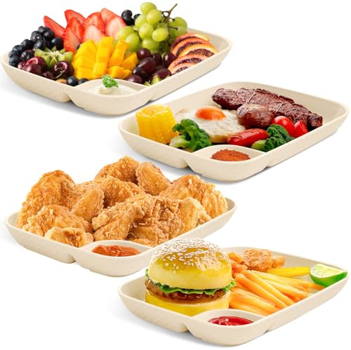 Rtteri 4 Pcs Chip and Dip Serving Platter Set Large Plastic Divided Party Tray Snack Plates 9.84 x 7.28 x 1.26 Inches Reusable Serving Platter Dumpling Plate with Sauce Compartment for Buffet Parties