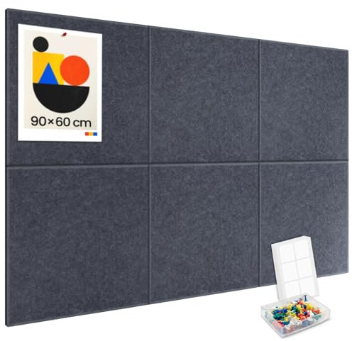 Large Kork-Bulletin Board für Wand 90x60cm, 6 Pack Filz-Wandfliesen mit 30 Pushpins, 25 sichere abnehmbare Klebetabs, dekorative Pinnwand Tack Board für Büro Haus Schule