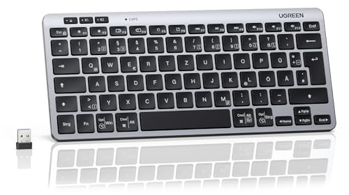 UGREEN Bluetooth Tastatur Kabellos (BT5.3+2.4G), Schlanke Scherenmechanik für Leises Tippen, Bis zu 500 Tage Batterielebensdauer, Kompatibel mit Windows/macOS, Tragbare Mini Tastatur-QWERTZ Layout