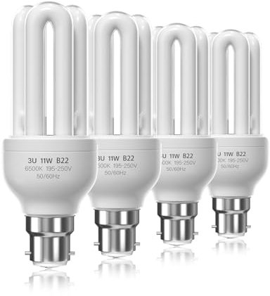 BrightArk Energy Saving Bulbs 11W Bayonet B22 Daylight White 6500K, CFL Low Energy Light Bulbs 11W=60W, 3U CFL Compact Fluorescent Stick Bulbs, Non-Dimmable, 4 Pack