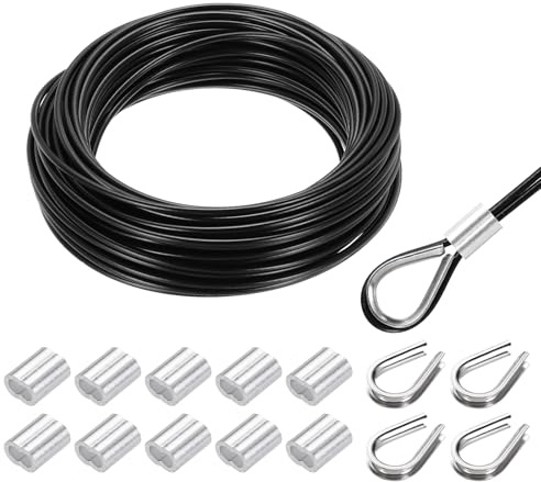 QUARKZMAN 66FT(20m) Cavo in Acciaio Inossidabile Kit, 1/8 Rivestito in Vinile 7x7 Cavo Acciaio con Anelli e Ganci per Filo Stendibiancheria per Esterno, Luci a Fili, Recinzioni, Nero