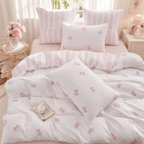Freyamy Schleifen Bettwäsche 135x200 Rosa Schleife Gestreift Bettwäsche Set | Aesthetic Bettwäsche Mädchen, Microfaser ÖKO-TEX Bettwäsche-Sets, 1 Bettbezug mit Reißverschluss und 1 Kissenbezug 80x80cm