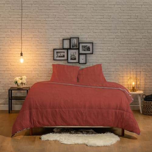 Bleu Calin Couette Chaude Réversible 220x240 cm pour Lit 2 Personnes, Microfibre Lavée, Fabriquée en France, Oeko-Tex, Terracotta