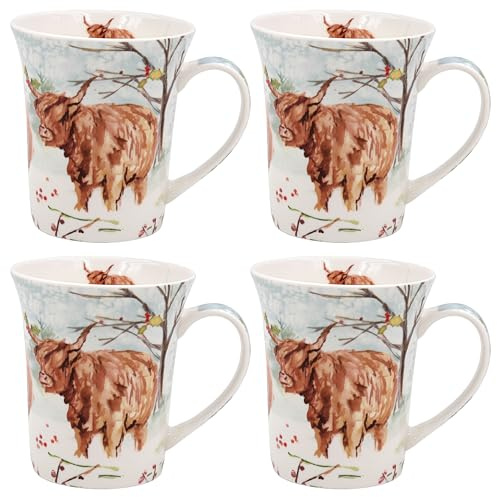 The Leonardo Collection Highland Cow Mugs Set of 4 for Hot Drinks | Reusable Fine China Coffee Cups for Kitchen & Home | Printed Tea Mugs for Every Occasion | Durable Cup for All Types of Beverages