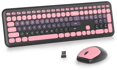 Vumilstek Black Pink Quiet Keyboard and Mouse Wireless, Full Size Silent Keyboard Cute Typewriter American QWERTY 2.4G Cordless Round Keys for Office Home Dorm PC/Laptop/Desktop(Gradient BerryBlack)