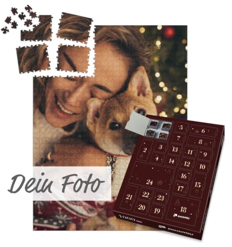 Persönlicher Puzzle Adventskalender - mit eigenem Bild als Fotopuzzle personalisierbar, 1000 Puzzleteile passend vorsortiert, jeden Tag ein passendes Puzzlesegment - Design Festtagsfreude