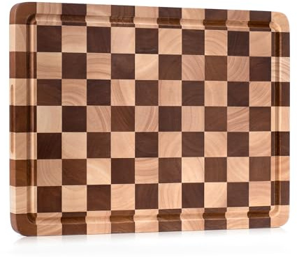 Planche à Découper en Bois d’Hévéa, Design Damier, Planche de Cuisine avec Rigole et Poignées, 41 x 30 x 2,5 cm, pour Viande, Légumes et Fromage