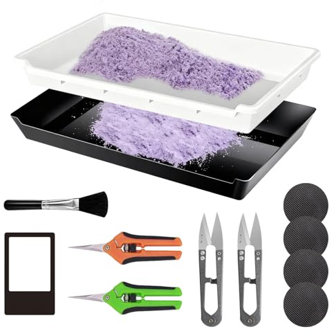 Bekasa 30x50cm Trimming Tray et 150 Microns Tamis à Pollen, Débroussailleuse et Filtre à Pollen pour Dry Sift kit de Garniture avec 4 Ciseaux, brosses, loupe Carte pour Herbes, Thé, Fleurs, Épices