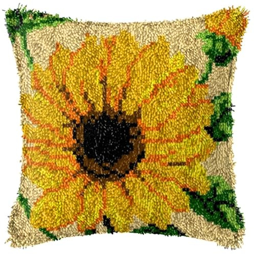 YEESAM ART Latch Hook Cushion Kits for Adults & Beginners, Sunflower Pre-Printed Latch Hooking Pillow Kit, DIY Embroidery Set Pillowcase for Home Sofa Decor Idea