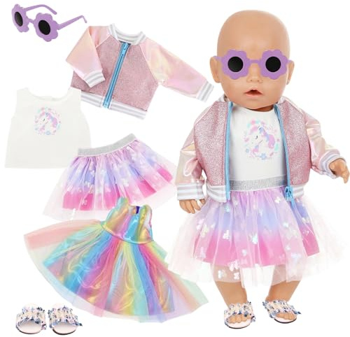 Puppenkleidung für 14-18 Zoll Baby Puppen, 6 Stück Niedliches Puppenkleider-Set mit Regenbogen Tüllrock, Einhorn Top, Jacke, Tüllrock, Brille , Pantoffeln, Geschenk für Mädchen (Puppe nicht enthalten)