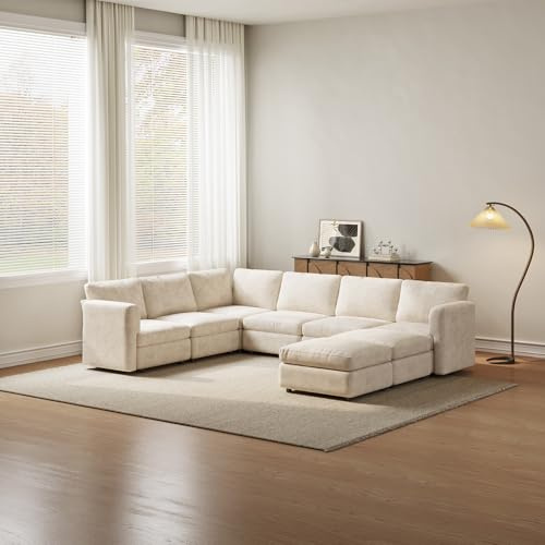Guyii Wohnlandschaft Ecksofa Stoff, Modernes Sofa mit Ottomane, Komfortables Polstersofa für Wohnzimmer, Minimalistisches Design (6-Sitzer mit 2 Ottomanen)