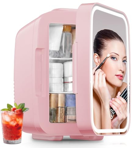 FOHERE Portatile Mini Frigo 5L, Piccolo Frigo Skincare con Specchio LED, Termoelettrico, Riscaldatore e Raffreddatore 220V AC per Ufficio, Dormitorio (Rosa)