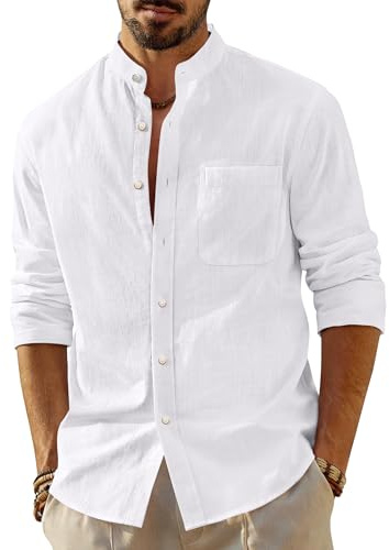 J.VER Men's Linen Shirts Long Sleeve Grandad Collar Summer Regular Fit Casual Shirt Button Down Banded Collar Tops